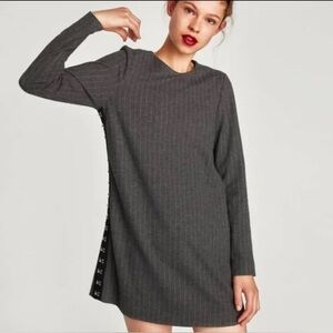 Zara Women's Gray Pinstripe Knit Long Sleeved Mini Dress with Hook Eye Sides